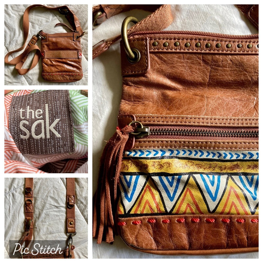 THE SAK Pax Leather Small Crossbody Purse Tribal Brown Convertible Strap Boho